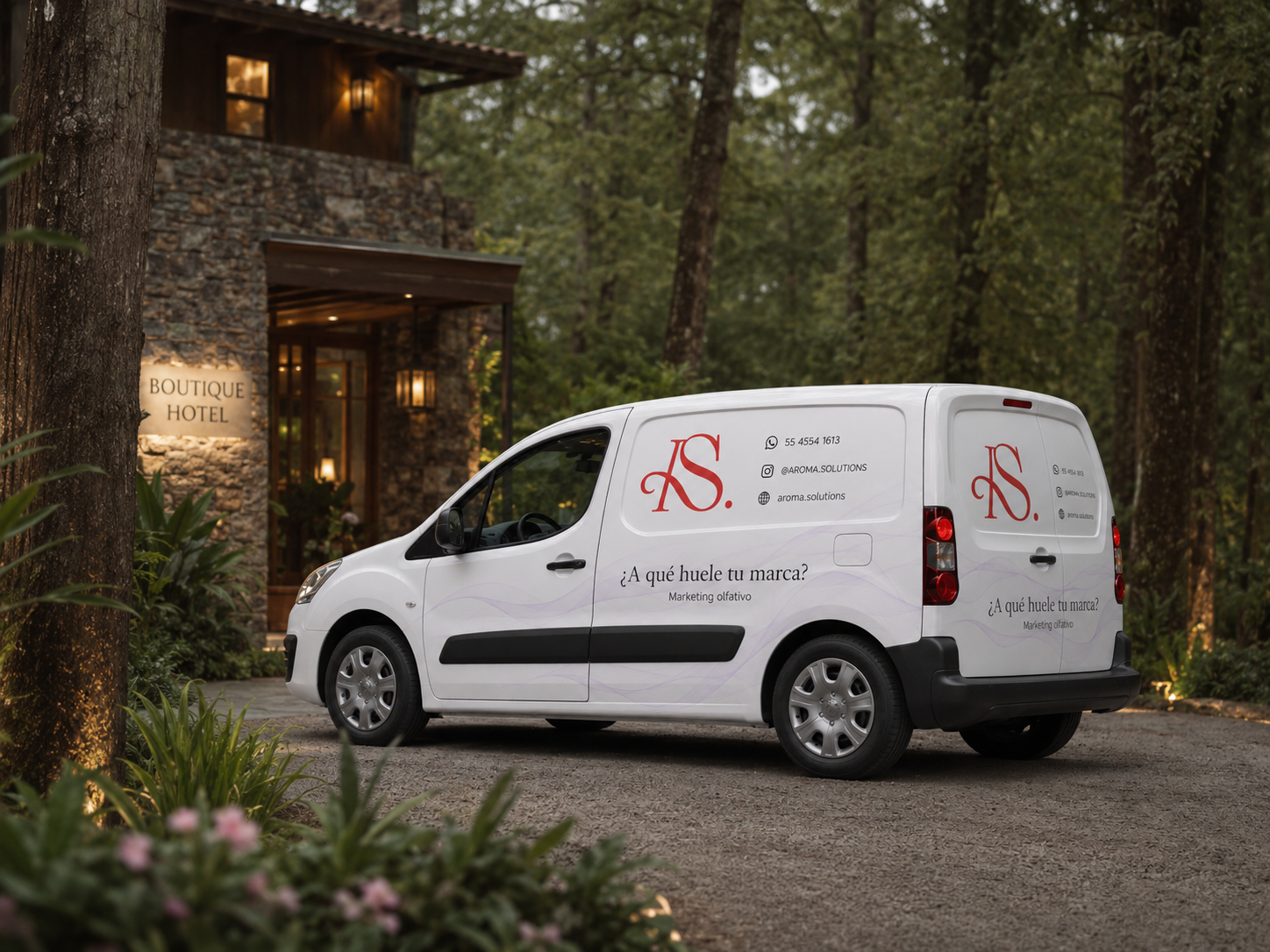 Camioneta Aroma Solutions llegando a un hotel boutique para servicio